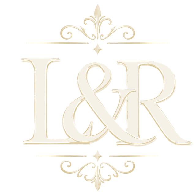 L&R ornamental monogram in cream and gold